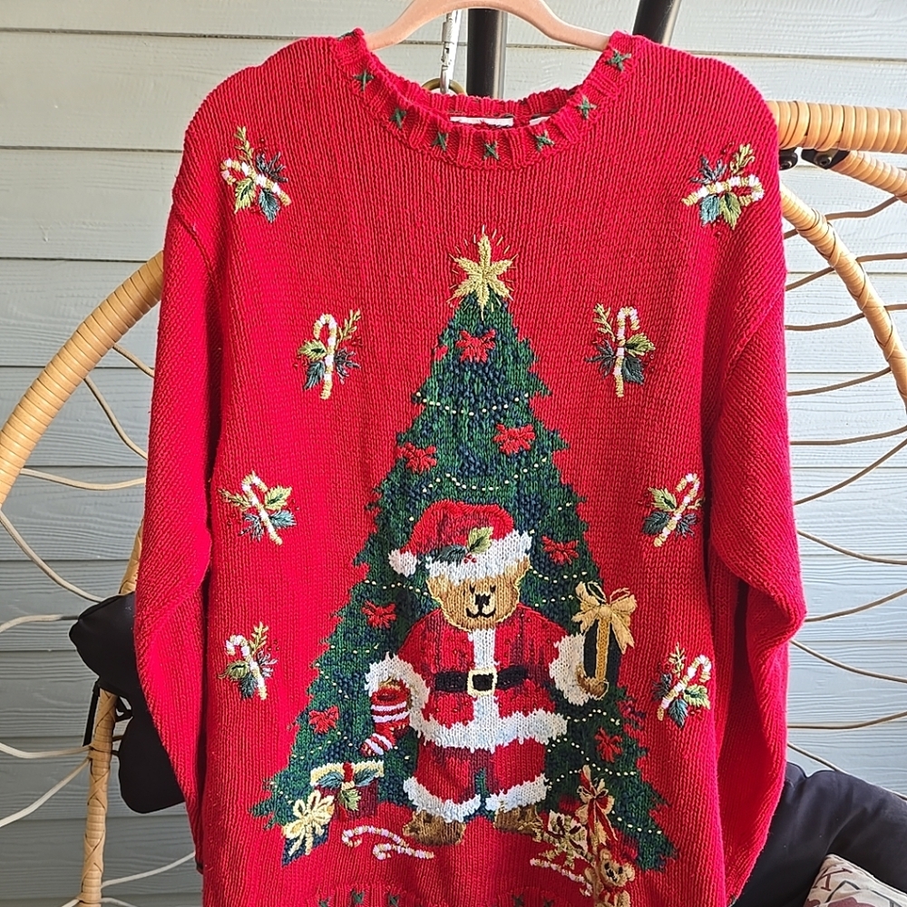 Vintage Casual Corner Christmas Sweater Beaded & Embroidered Bear Size 18